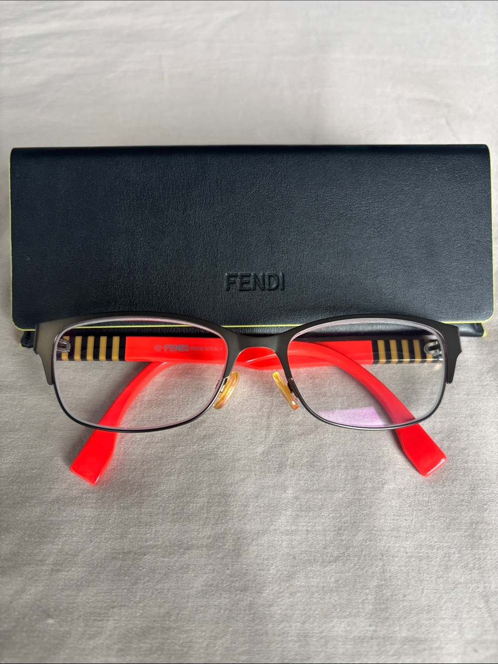 Fendi Red Black Striped Temple Rectangular Glasses